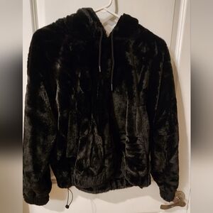 Zara XS black faux fur pull over with hoodie
